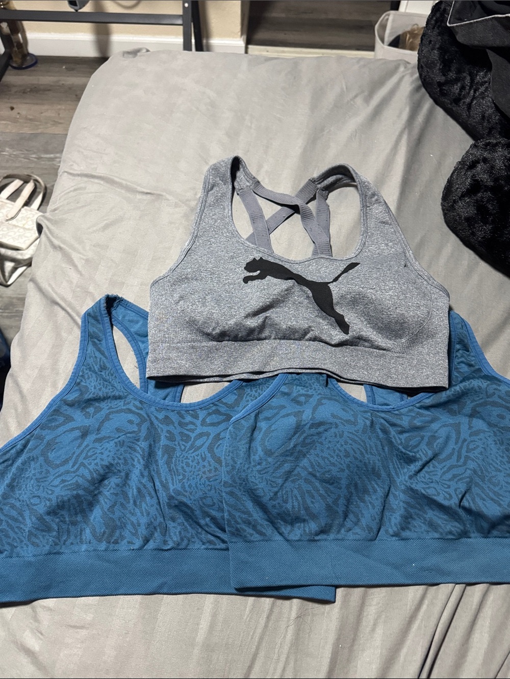 Puma Gray Crossback Sports Bra with Blue Patterned Bralette